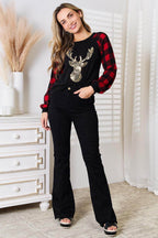 Heimish Full Size Sequin Reindeer Graphic Plaid Top - VacationGrabs