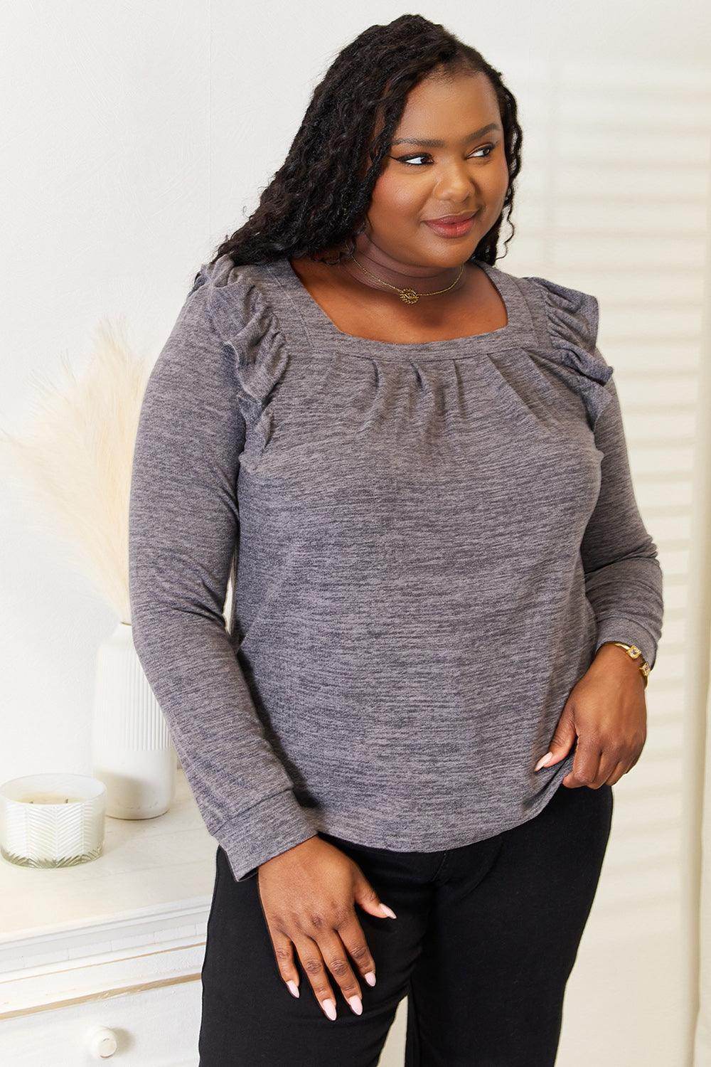 Double Take Square Neck Ruffle Shoulder Long Sleeve T-Shirt - VacationGrabs