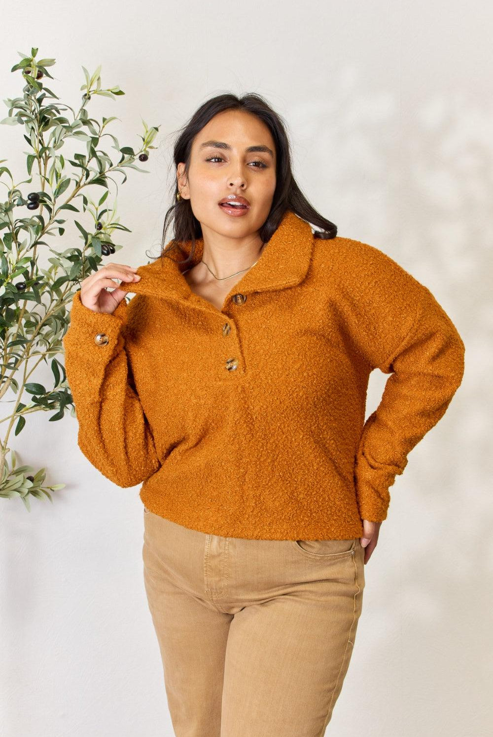 Women's Shirts Culture Code Full Size Half Button Turtleneck Sweatshirt
