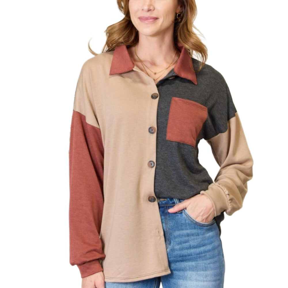 Women's Shirts Heimish Full Size Color Block Button Down Shacket