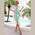 Contrast Fringe Trim Openwork Cover-Up Dress - VacationGrabs