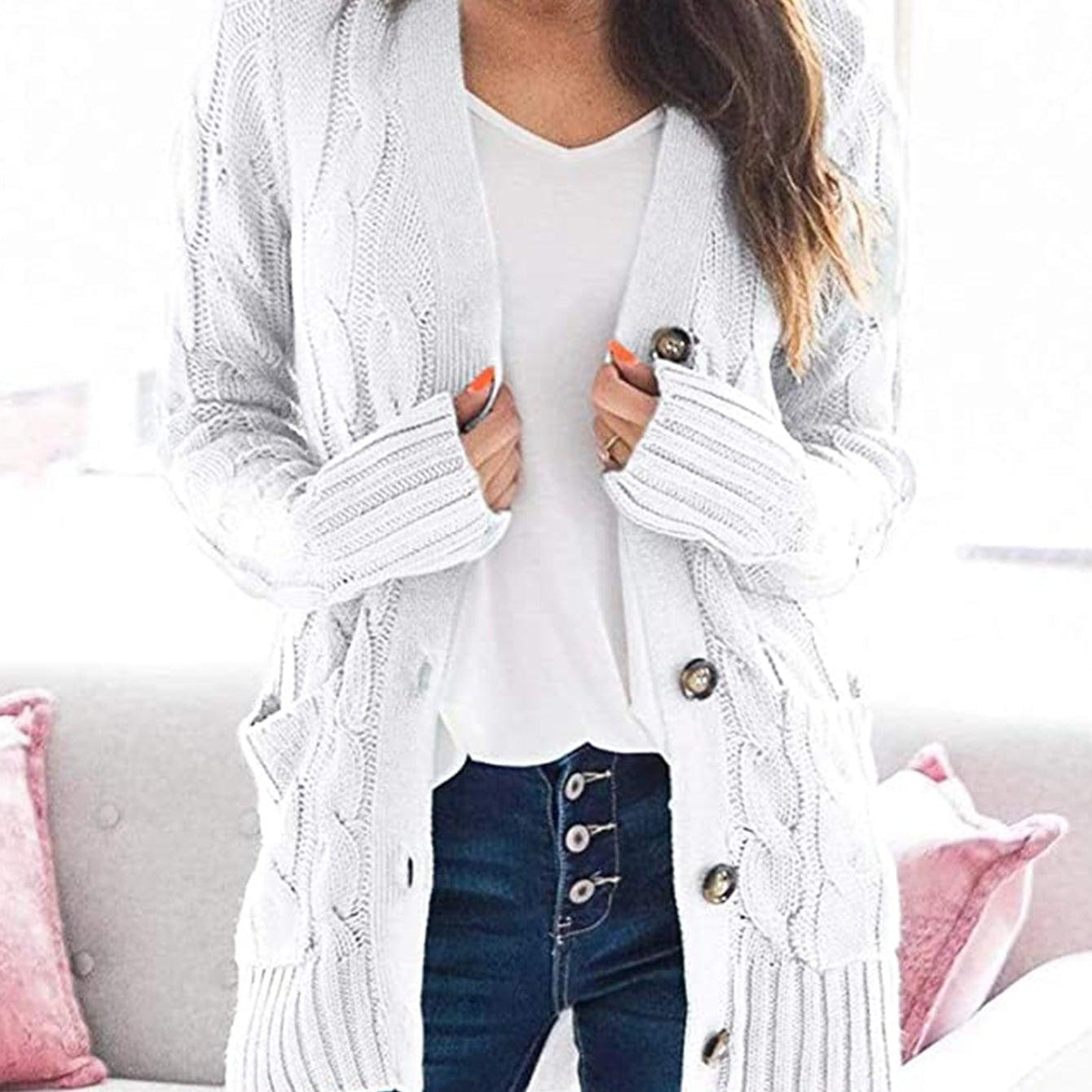 Women's Sweaters - Cardigans Cable-Knit Buttoned Cardigan with Pockets