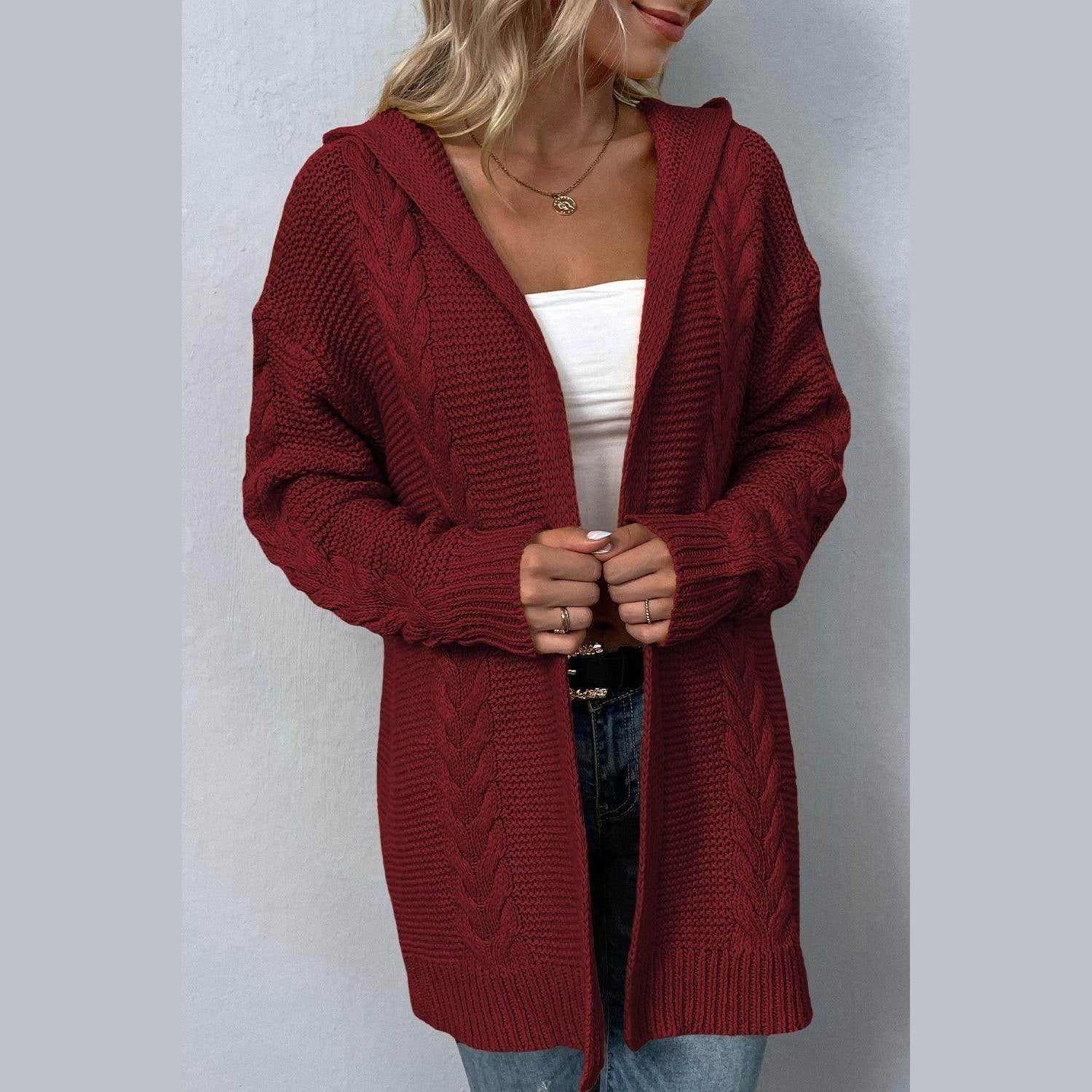 Cable-Knit Dropped Shoulder Hooded Cardigan - VacationGrabs