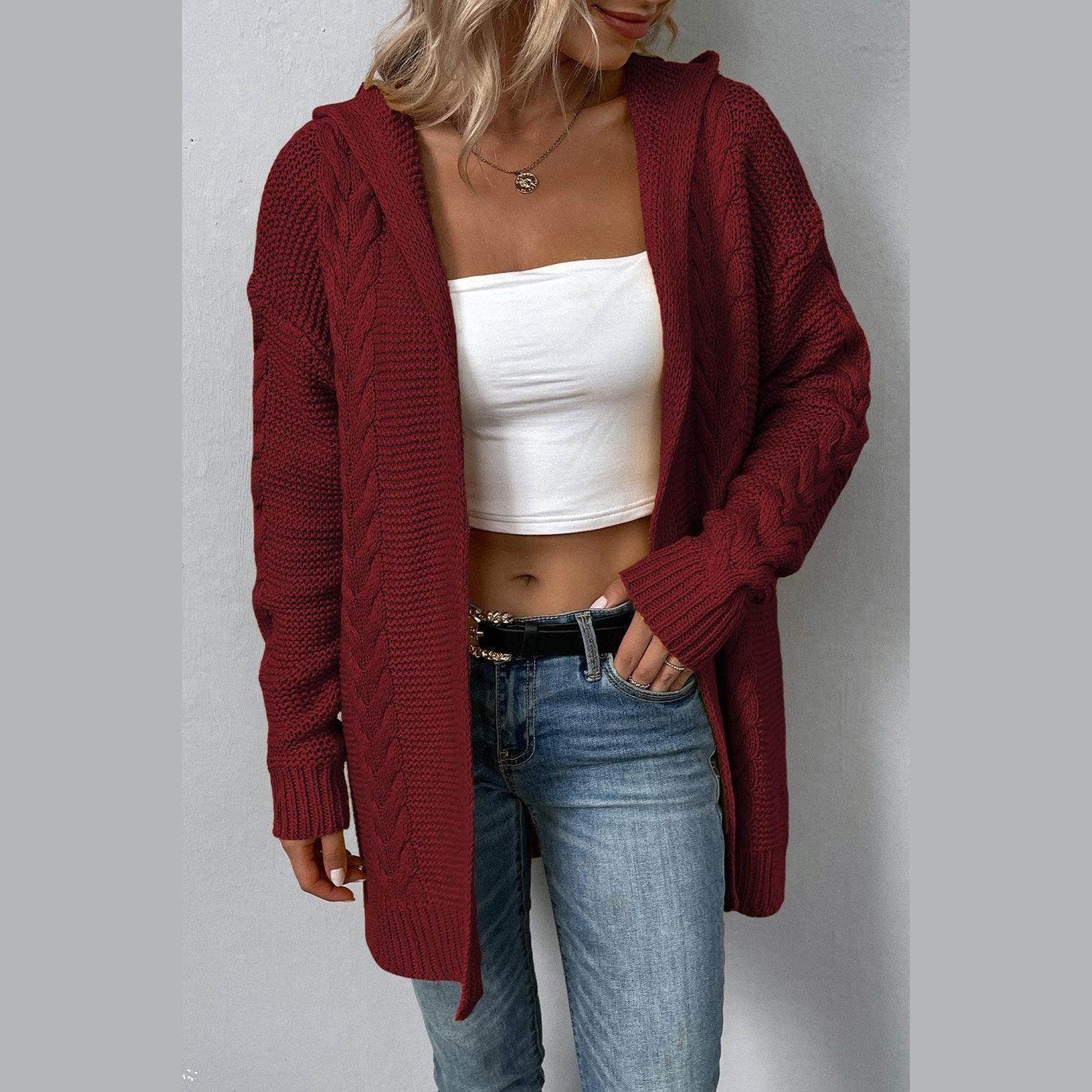 Cable-Knit Dropped Shoulder Hooded Cardigan - VacationGrabs