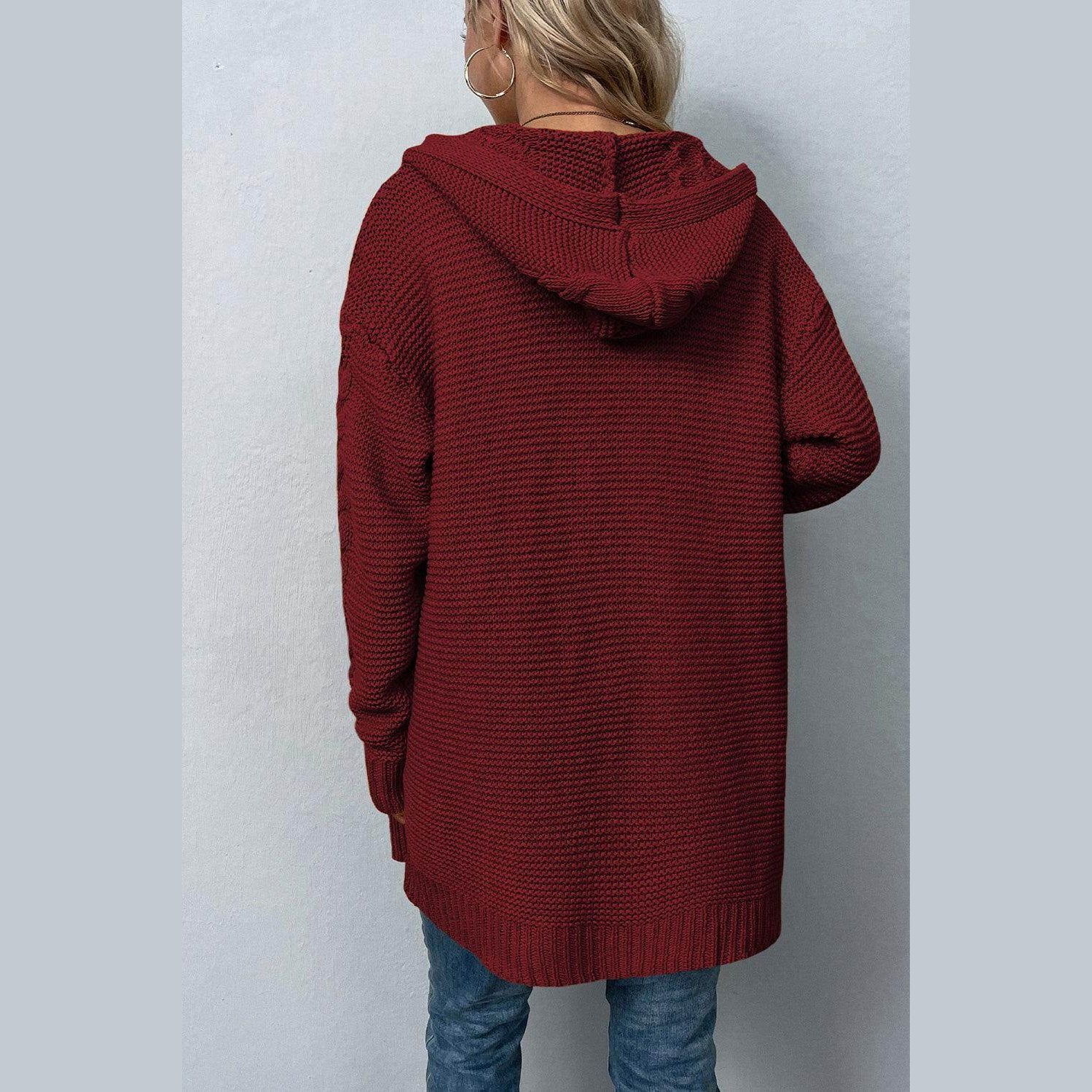Cable-Knit Dropped Shoulder Hooded Cardigan - VacationGrabs