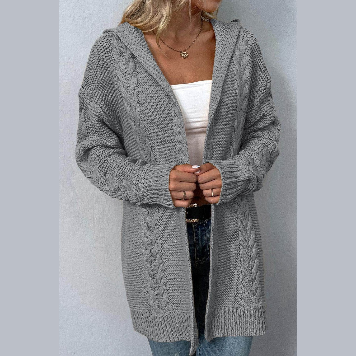 Cable-Knit Dropped Shoulder Hooded Cardigan - VacationGrabs