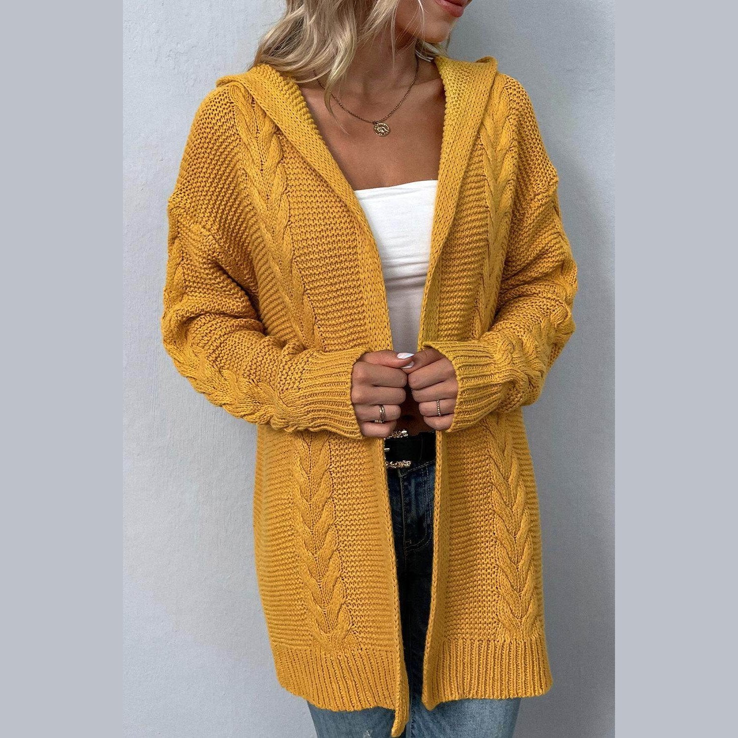 Cable-Knit Dropped Shoulder Hooded Cardigan - VacationGrabs