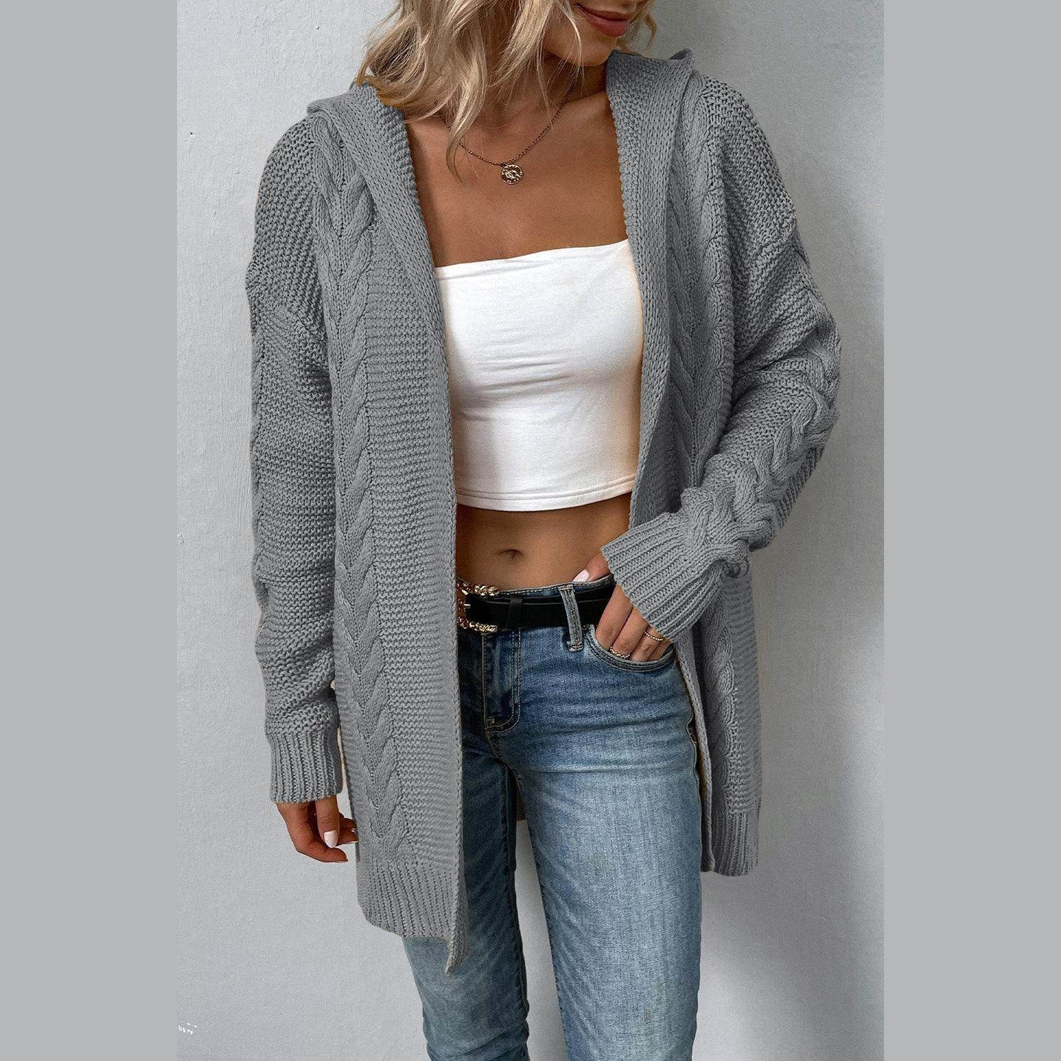Cable-Knit Dropped Shoulder Hooded Cardigan - VacationGrabs