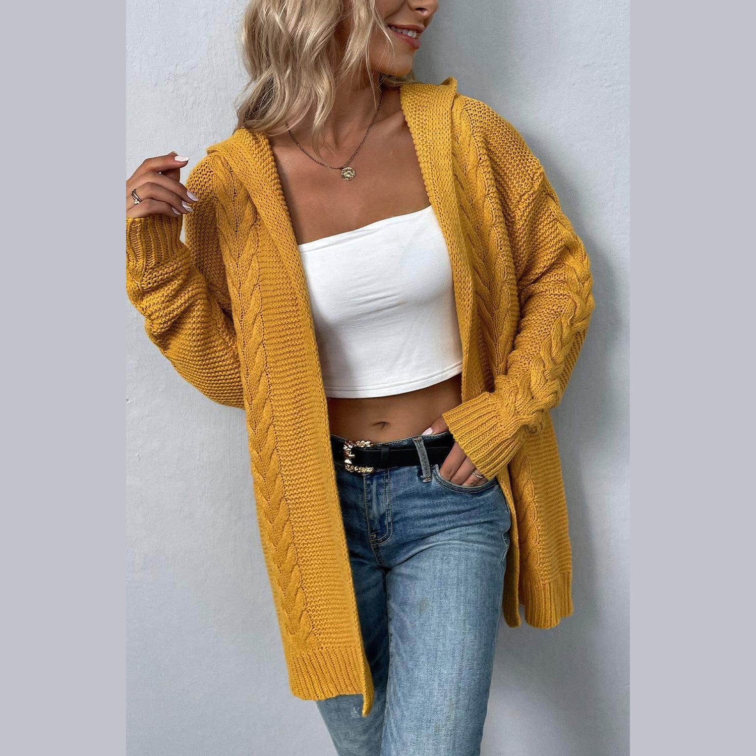 Cable-Knit Dropped Shoulder Hooded Cardigan - VacationGrabs