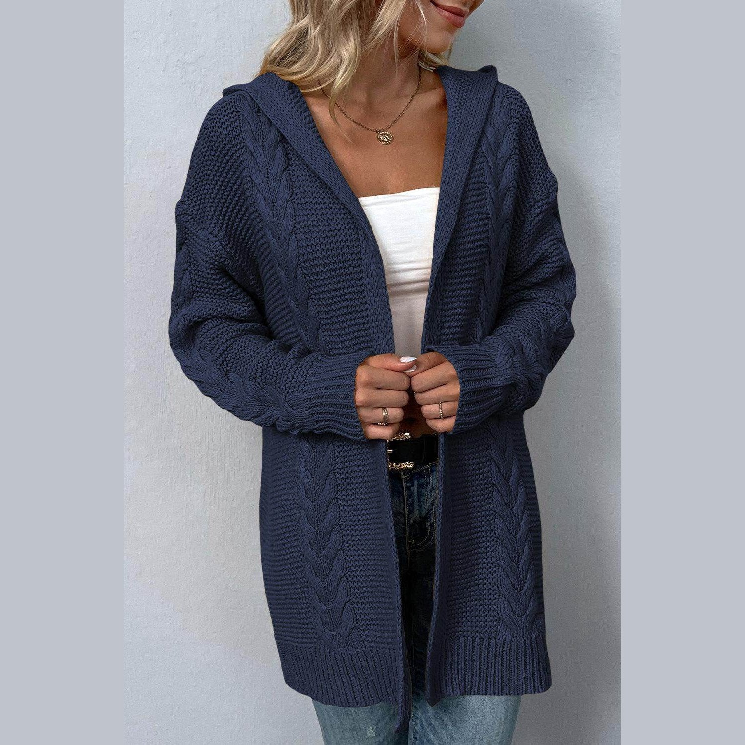 Cable-Knit Dropped Shoulder Hooded Cardigan - VacationGrabs