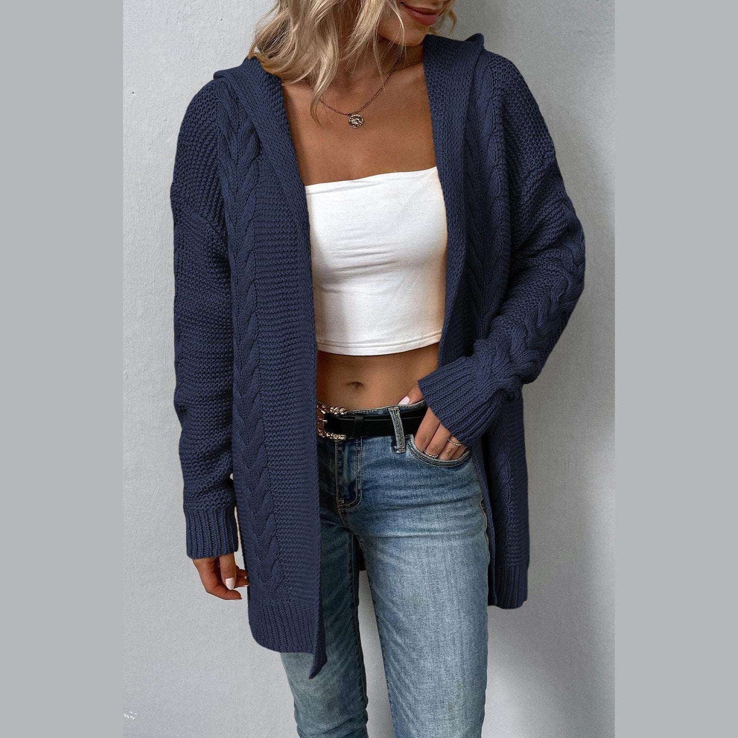 Cable-Knit Dropped Shoulder Hooded Cardigan - VacationGrabs
