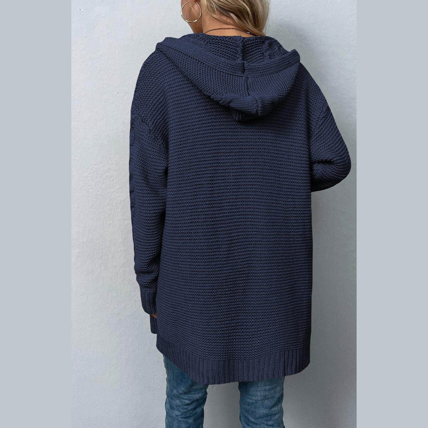 Cable-Knit Dropped Shoulder Hooded Cardigan - VacationGrabs