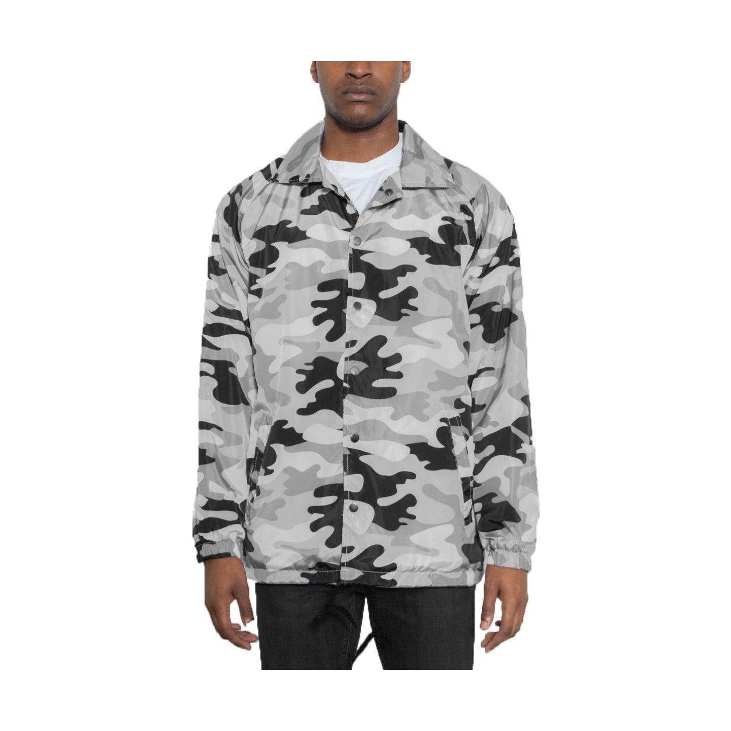 WEIV camo coach jacket for men in black and gray camouflage pattern, perfect for stylish layering