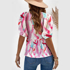 Trendsi Women's Casual Beachwear Blouse with Colorful Abstract Print and Puff Sleeves
