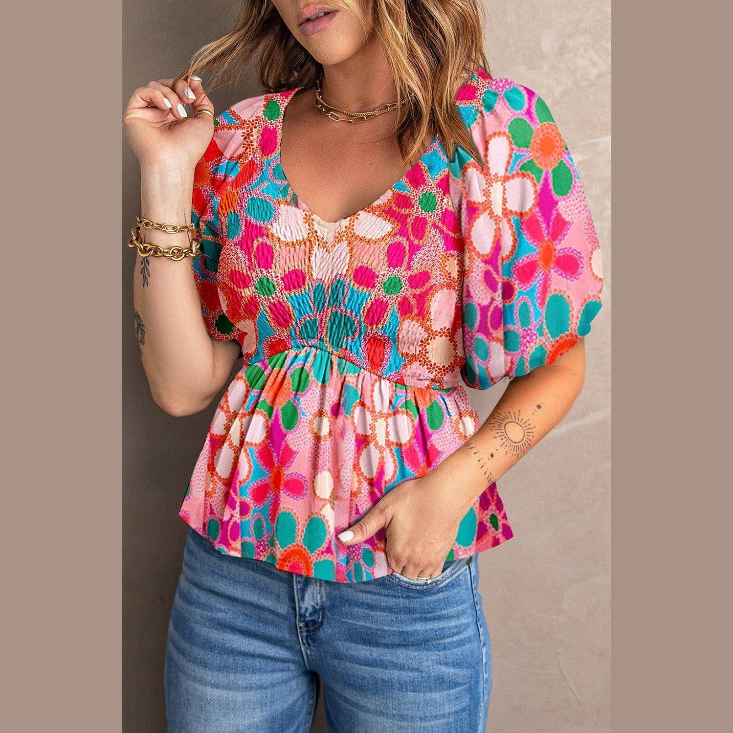 Trendsi Women's casual beachwear blouse in colorful floral print with puff sleeves and smocked waist