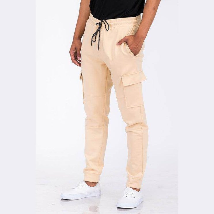WEIV Men's Casual Cargo Joggers in Beige with Side Pockets and Adjustable Drawstring