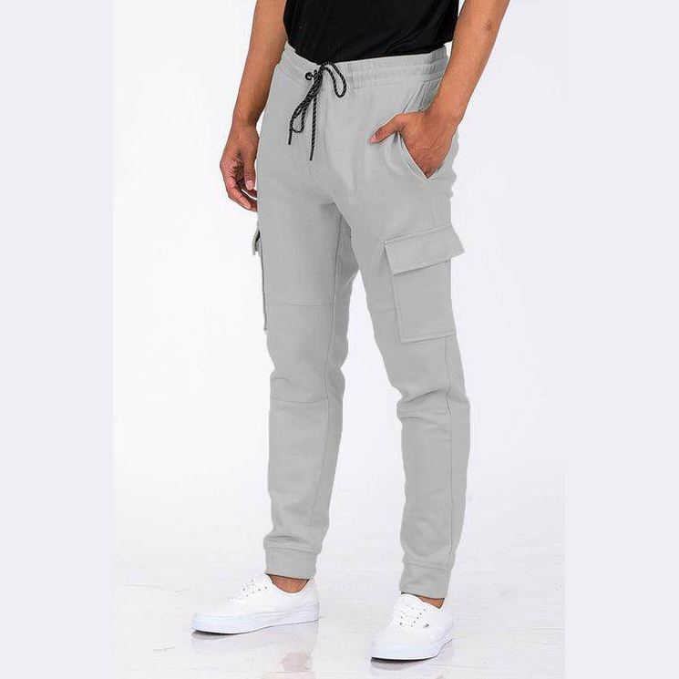 WEIV Men's Casual Cargo Joggers in Gray with Side Pockets and Drawstring Waist