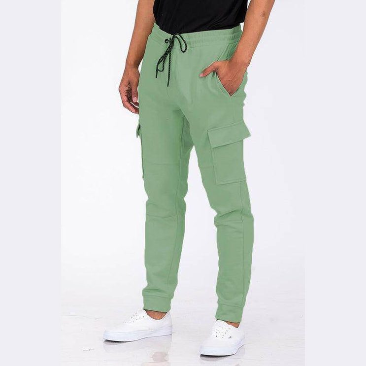 WEIV Men's Casual Cargo Joggers in Light Green with Adjustable Waist and Side Pockets