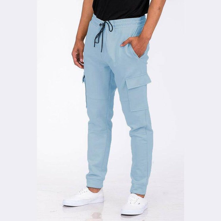 WEIV Men's Casual Cargo Joggers in Light Blue with Side Pockets and Adjustable Drawstring