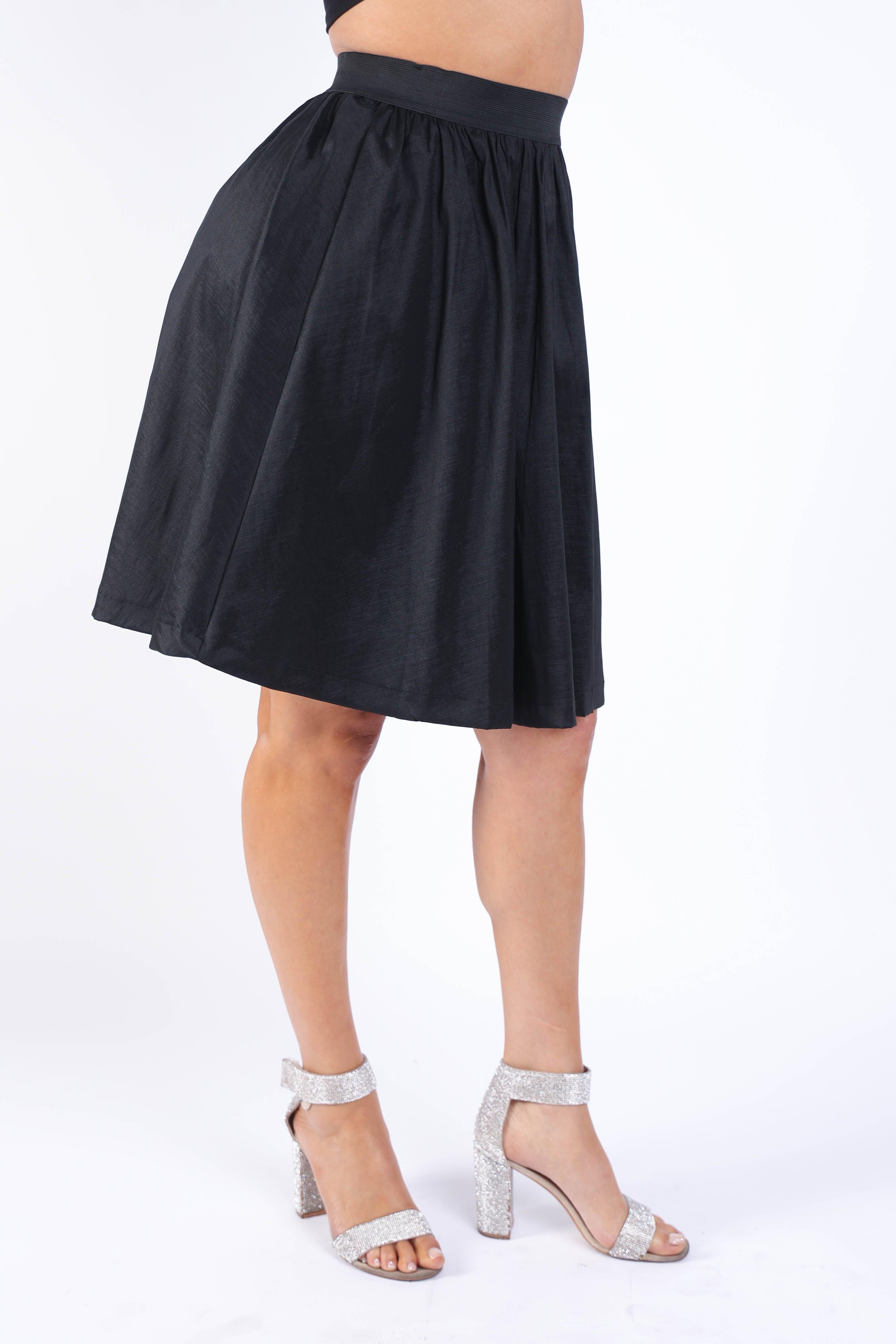 Women's Skirts Casual Elastic High Waist Pleated Midi Flare Black Skirt