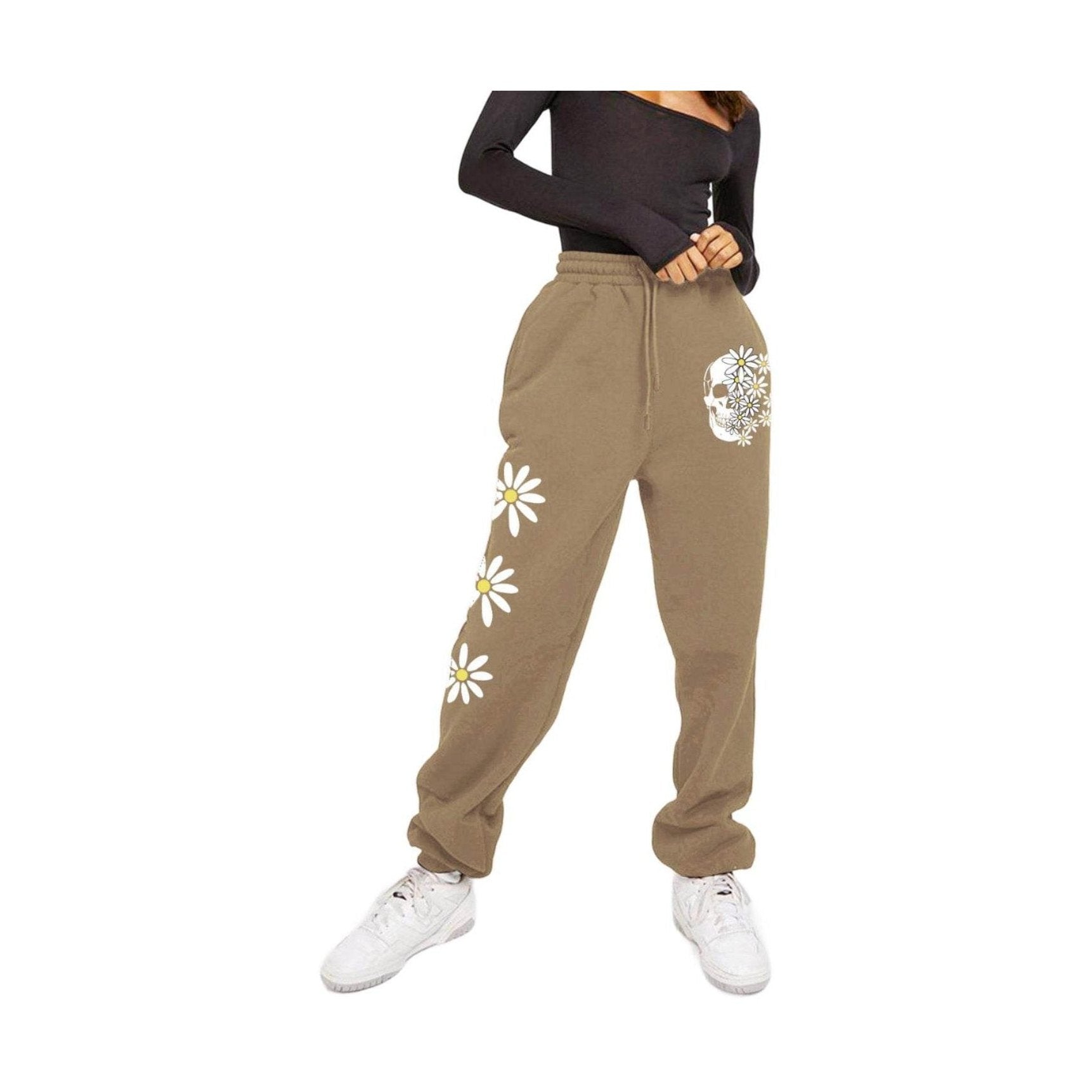 Trendsi Women's Casual Flower Skull Pants in Brown with Floral and Skull Print Design