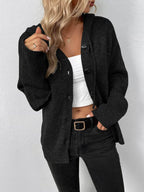 Trendsi casual hooded cardigan in black with button closure and ribbed sleeves