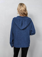 Back view of a blue casual hooded cardigan for women, perfect for comfortable layering