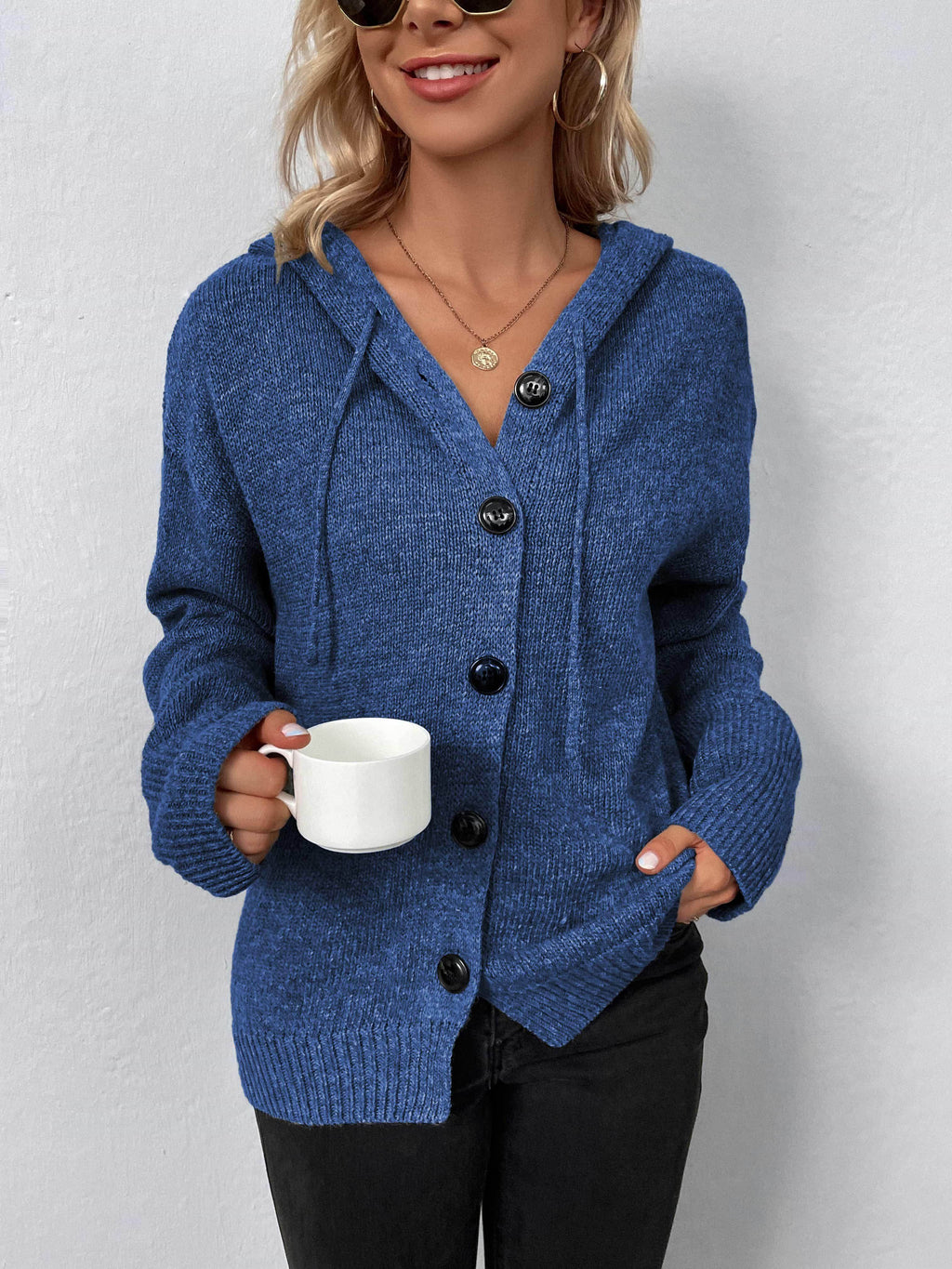 Trendsi casual hooded cardigan in blue with buttons and front pockets, perfect for everyday wear