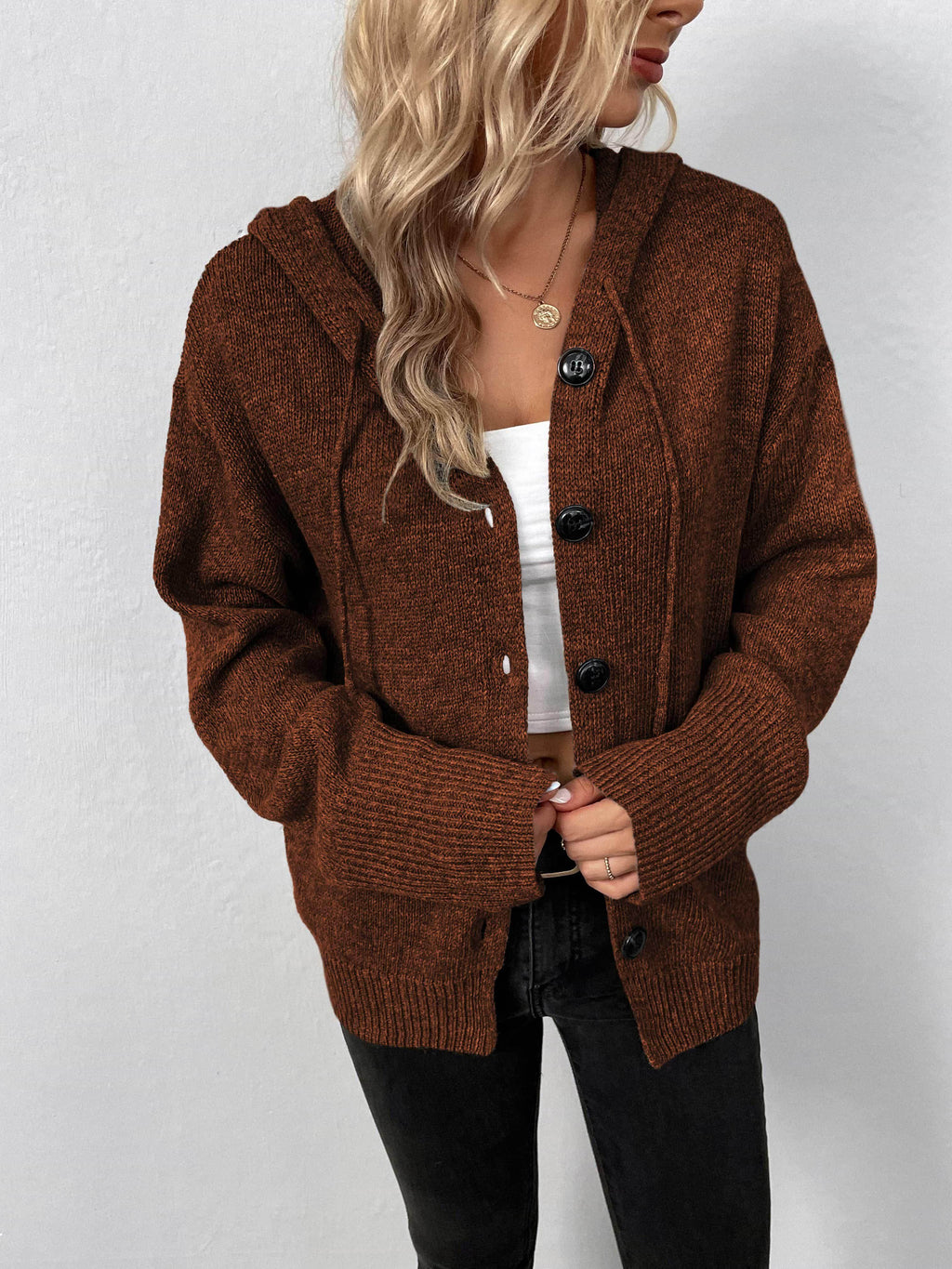 Trendsi casual hooded cardigan in brown with buttons and oversized fit for comfortable layering