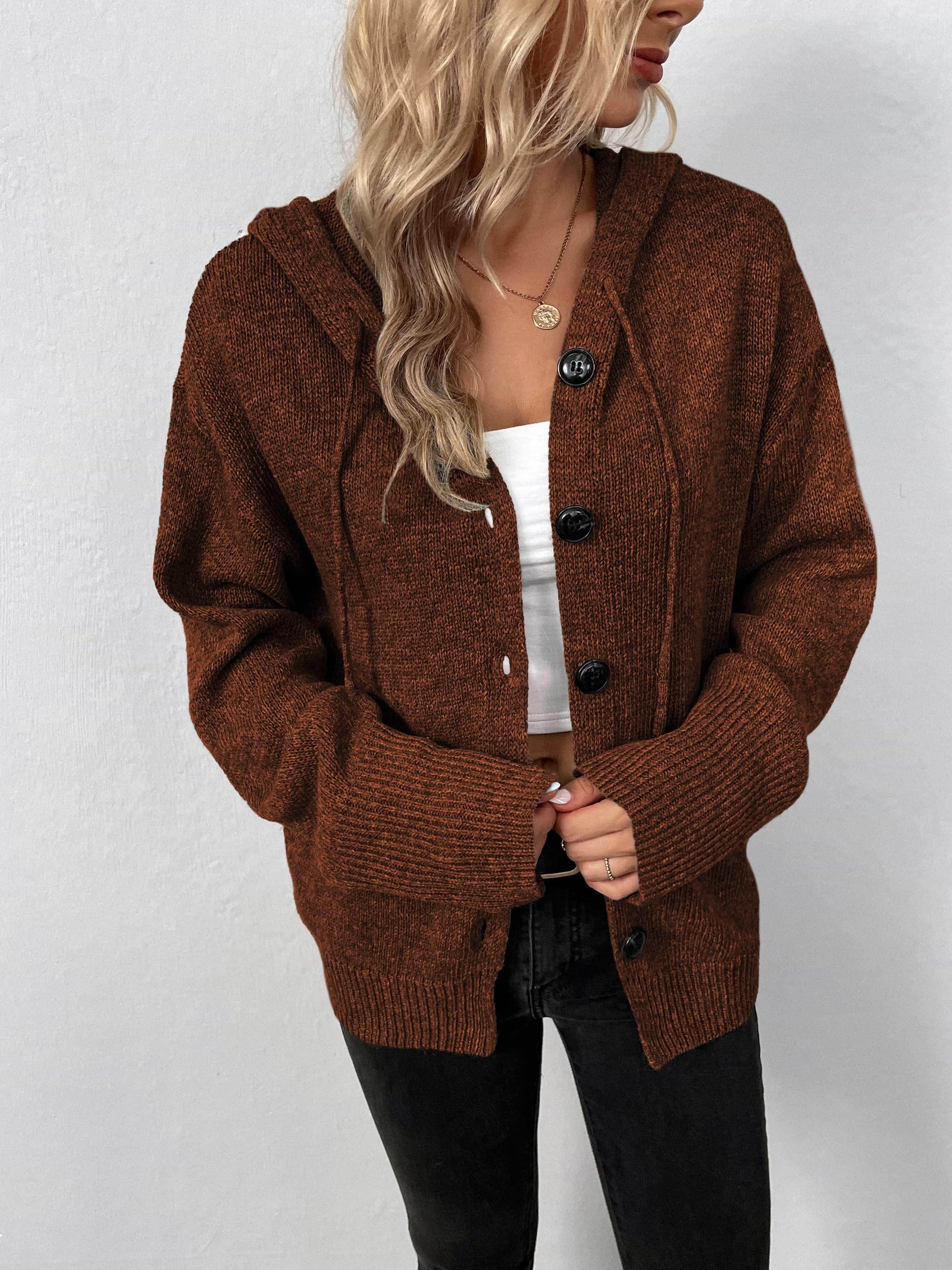 Trendsi casual hooded cardigan in brown with buttons and oversized fit for comfortable layering