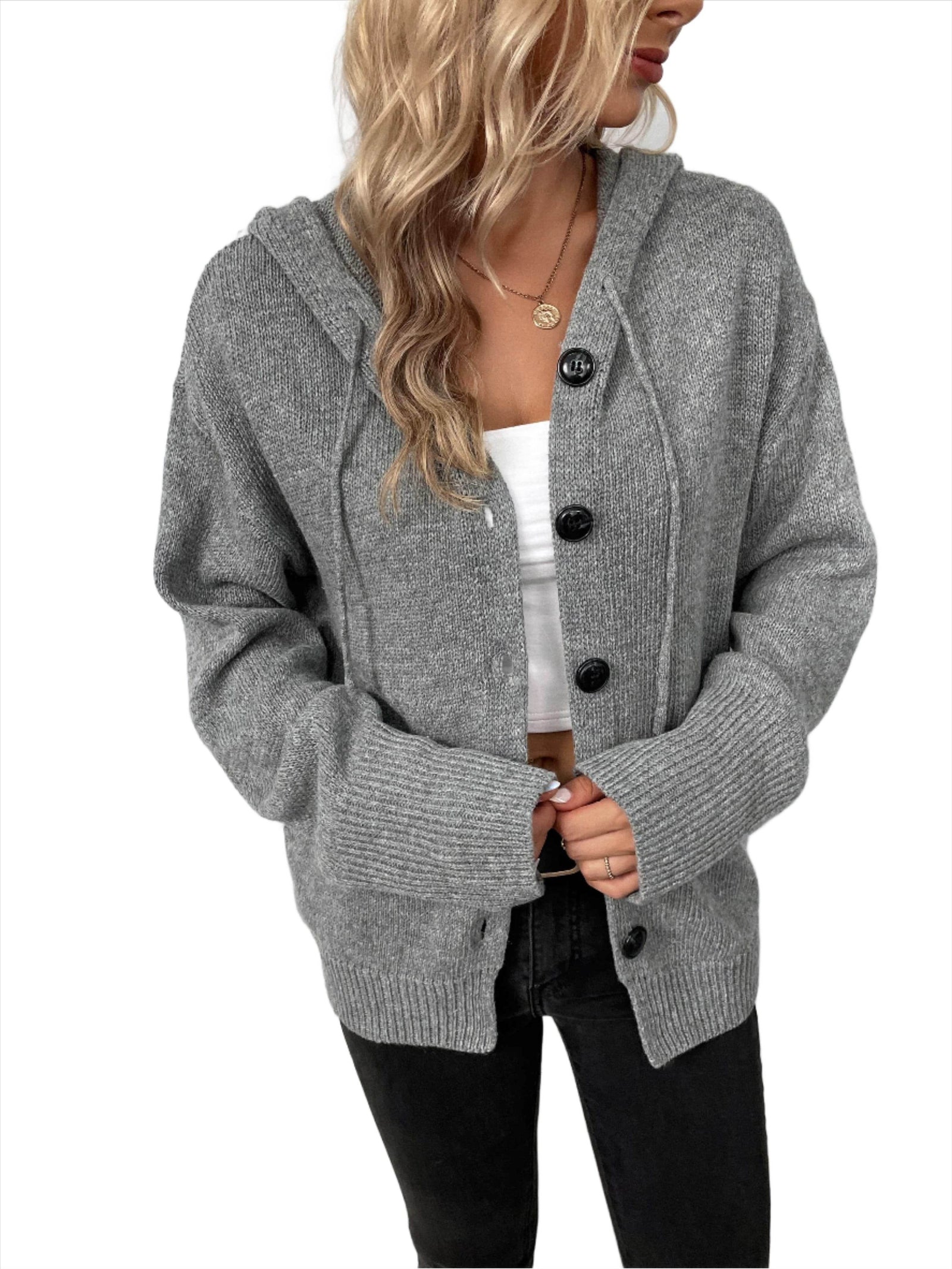 Trendsi casual hooded cardigan in gray featuring button closure and cozy design for a stylish look