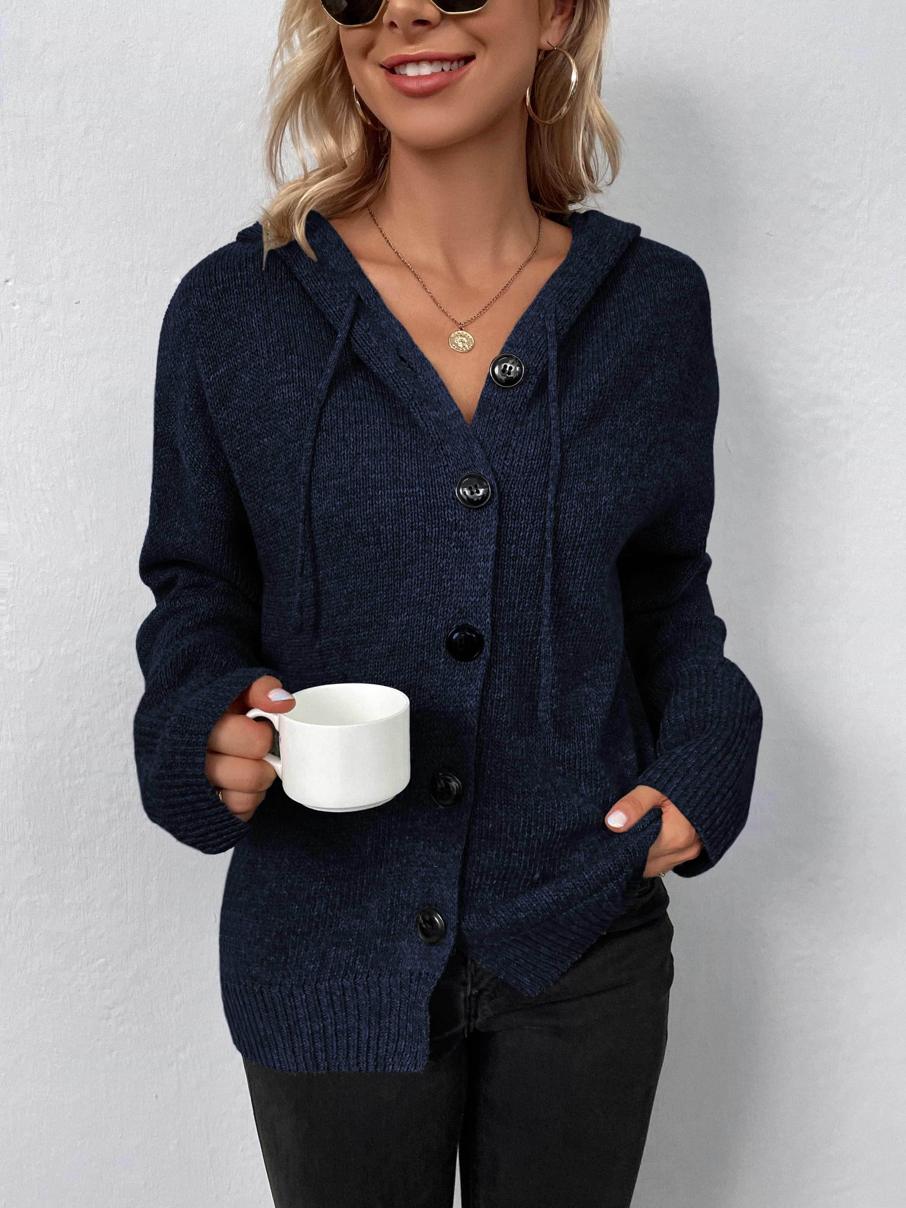 Trendsi casual hooded cardigan in dark blue with buttons and pockets, perfect for stylish layering
