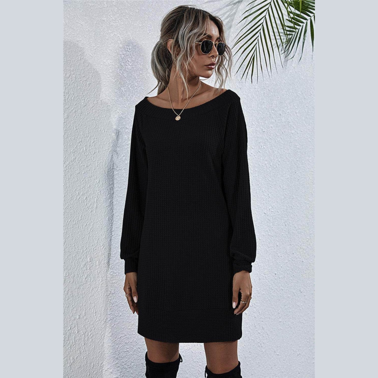 Trendsi Women's Casual Mini Dress for Vacation in Black with Long Sleeves and Ribbed Texture