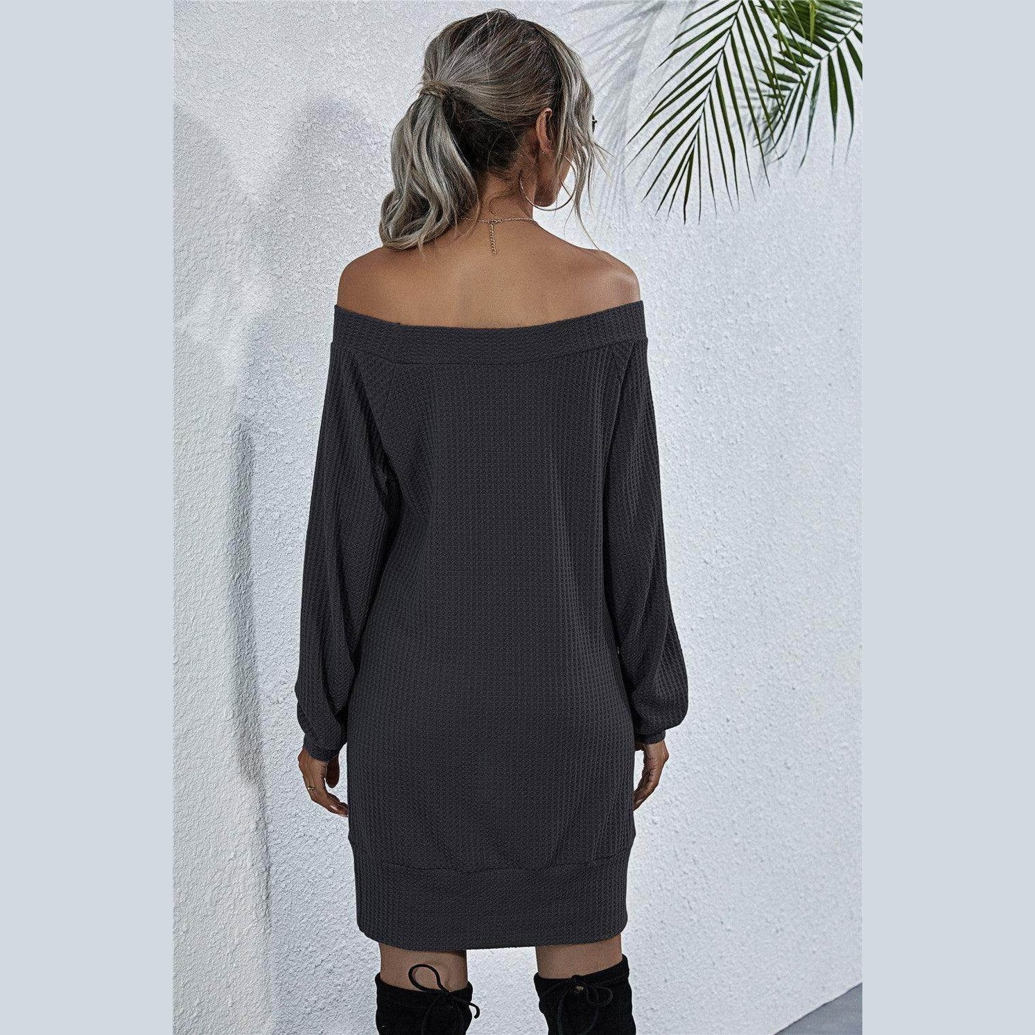 Trendsi Off-the-Shoulder Gray Casual Mini Dress for Vacation with Long Sleeves