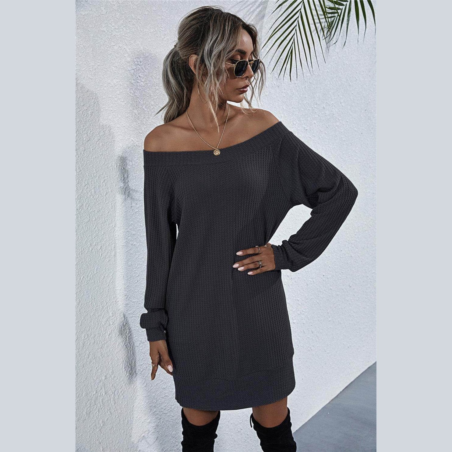 Trendsi Women's Casual Mini Dress for Vacation in Dark Gray with Off-Shoulder Design and Long Sleeves