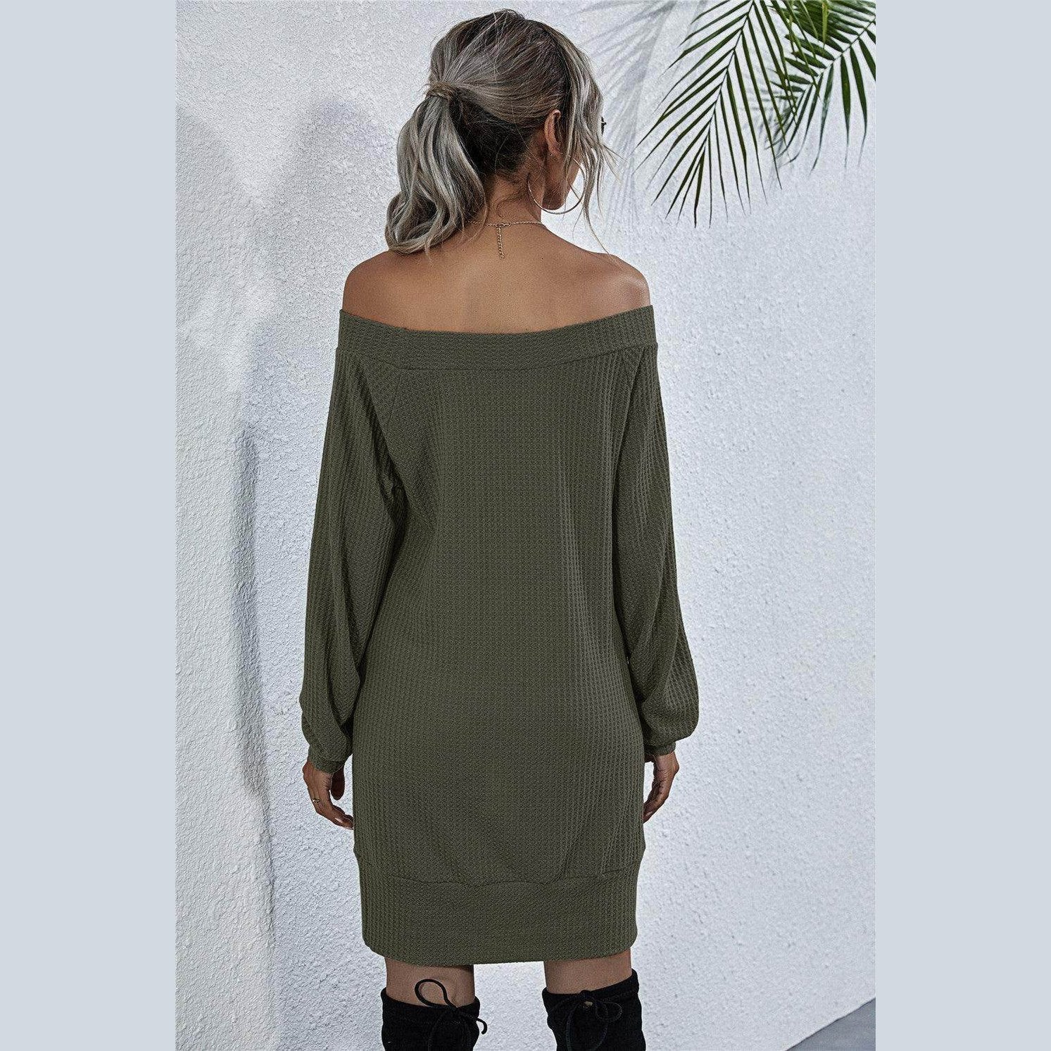 Trendsi Women's Casual Mini Dress for Vacation in Olive Green with Off-Shoulder Design