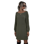 Trendsi casual mini dress for vacation in olive green with long sleeves and relaxed fit