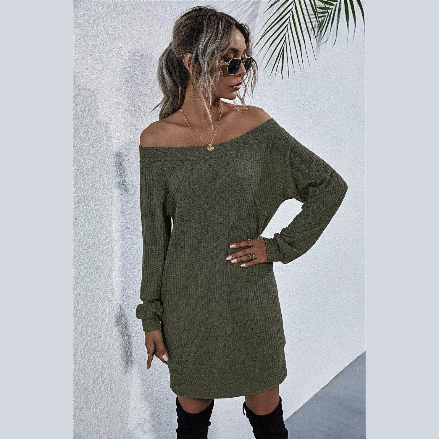 Trendsi casual mini dress for vacation in olive green with off-shoulder design and long sleeves