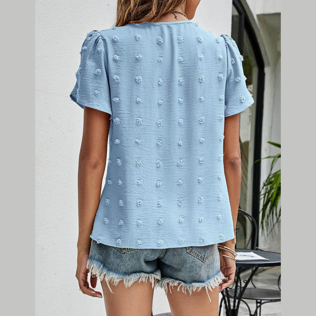 Trendsi women's casual pink Swiss dot top with playful texture and short sleeves
