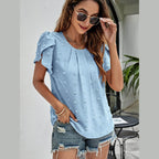 Trendsi casual pink Swiss dot top featuring short ruffled sleeves and a comfortable fit
