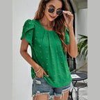 Swiss Dot Round Neck Petal Sleeve Top - VacationGrabs