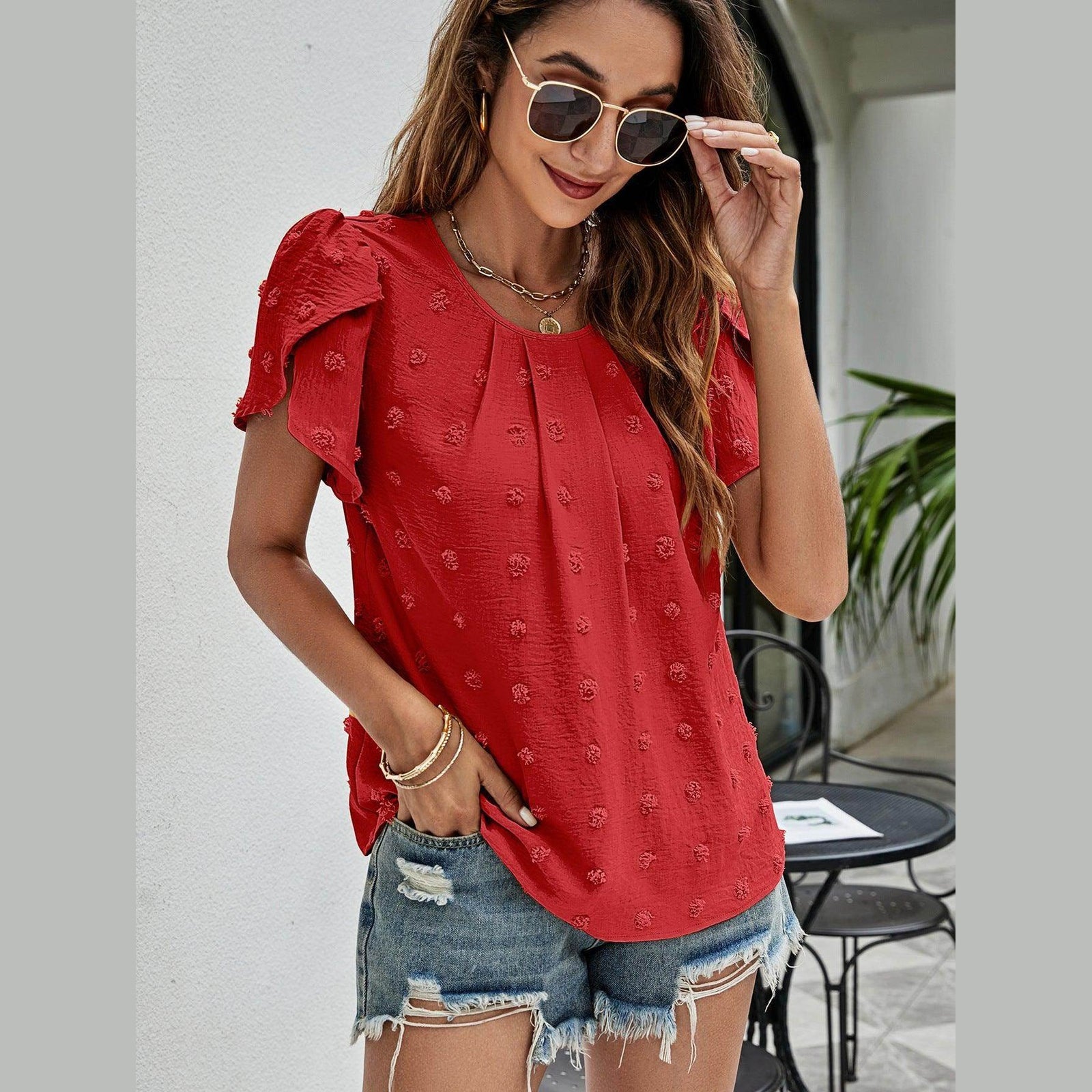 Trendsi casual pink Swiss dot top with puff sleeves and pleated detail for relaxed summer style