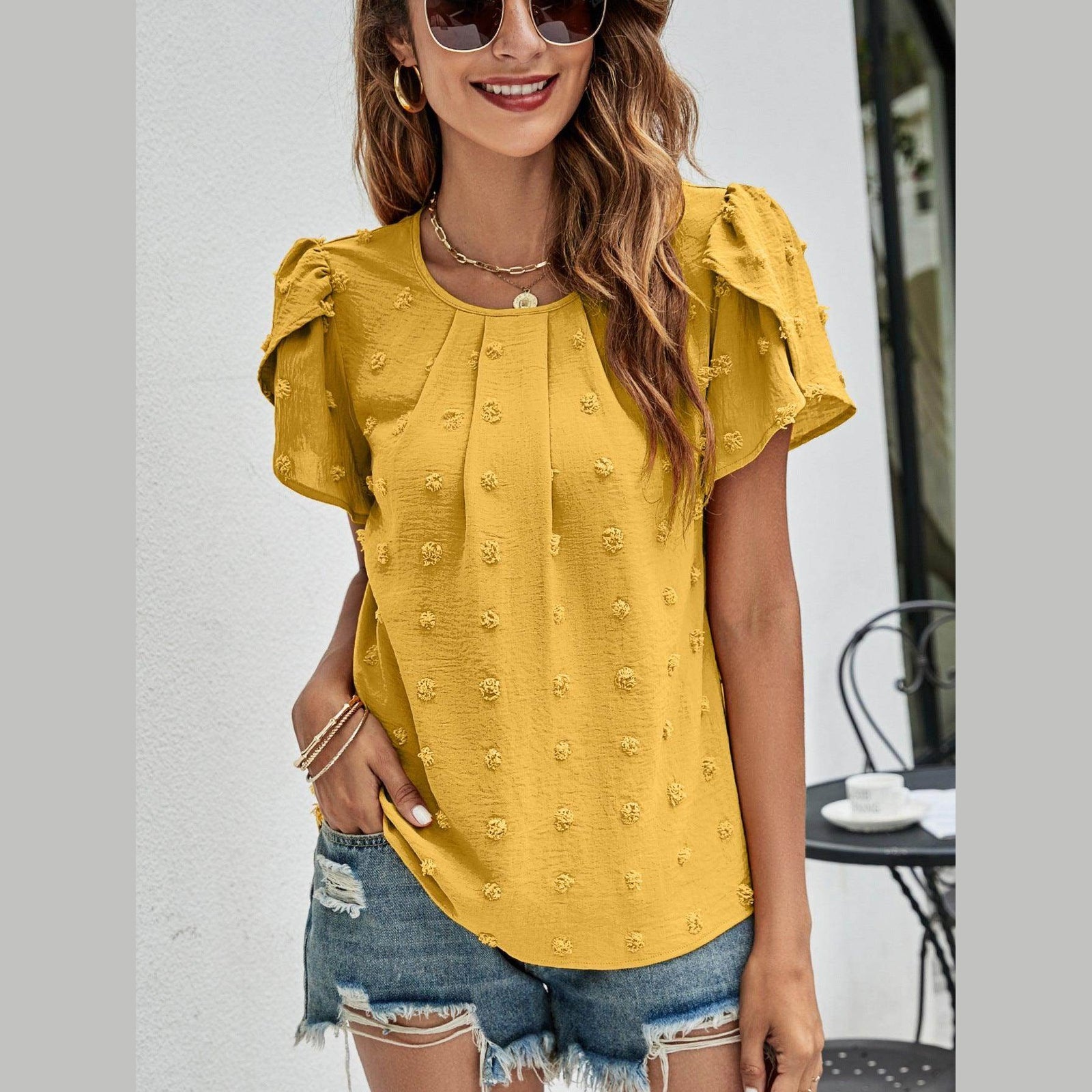 Trendsi casual pink Swiss dot top with puff sleeves, perfect for summer outings and casual wear