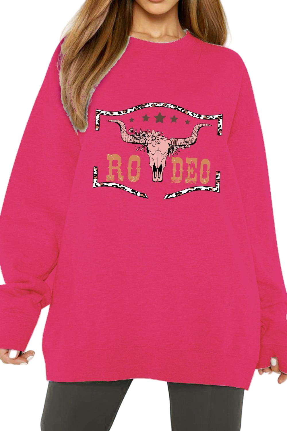 Trendsi Women's Pink Sweatshirt featuring a Rodeo graphic, perfect for casual rodeo style clothing.