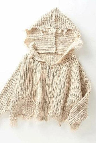 Women's Sweaters Casual Shredded Tassel Hooded Knit Sweaters