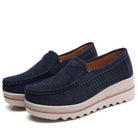 Navy casual suede leather shoes with perforated design and comfortable wedge sole for everyday wear