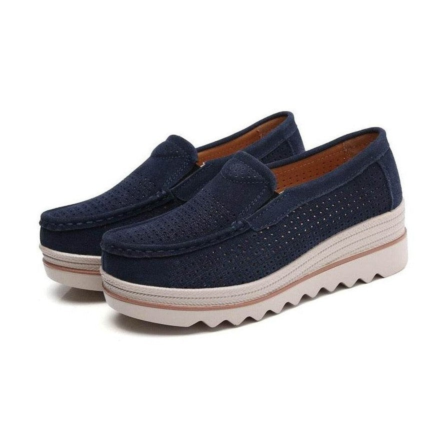 Navy casual suede leather shoes with perforated design and comfortable wedge sole for everyday wear