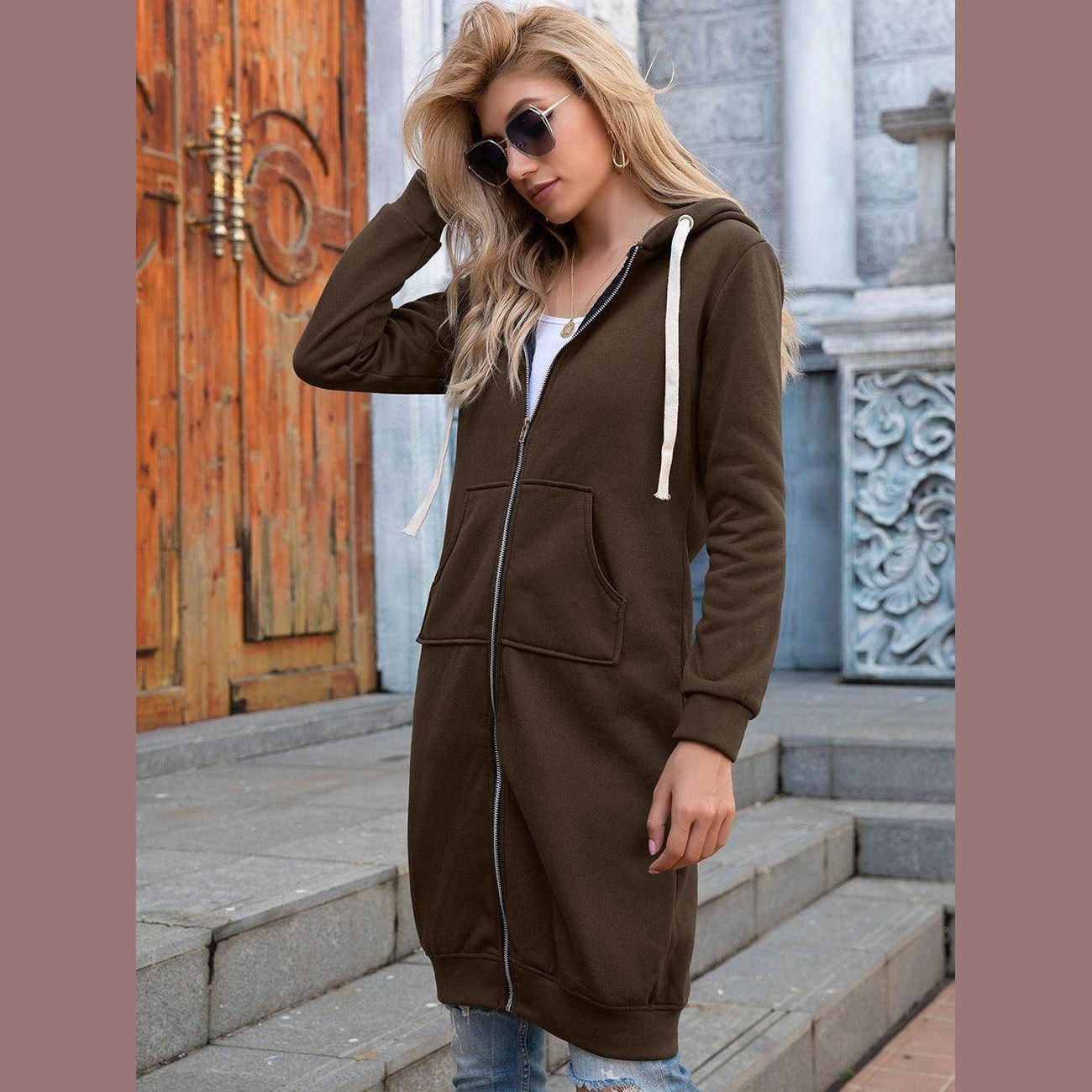 Trendsi Women's Casual Travel Hoodie in Brown with Zipper and Pockets for Comfort