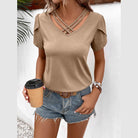 Trendsi casual v-neck vacation shirt in beige with stylish cross straps and short sleeves