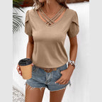 Trendsi casual v-neck vacation shirt in beige with stylish cross straps and short sleeves